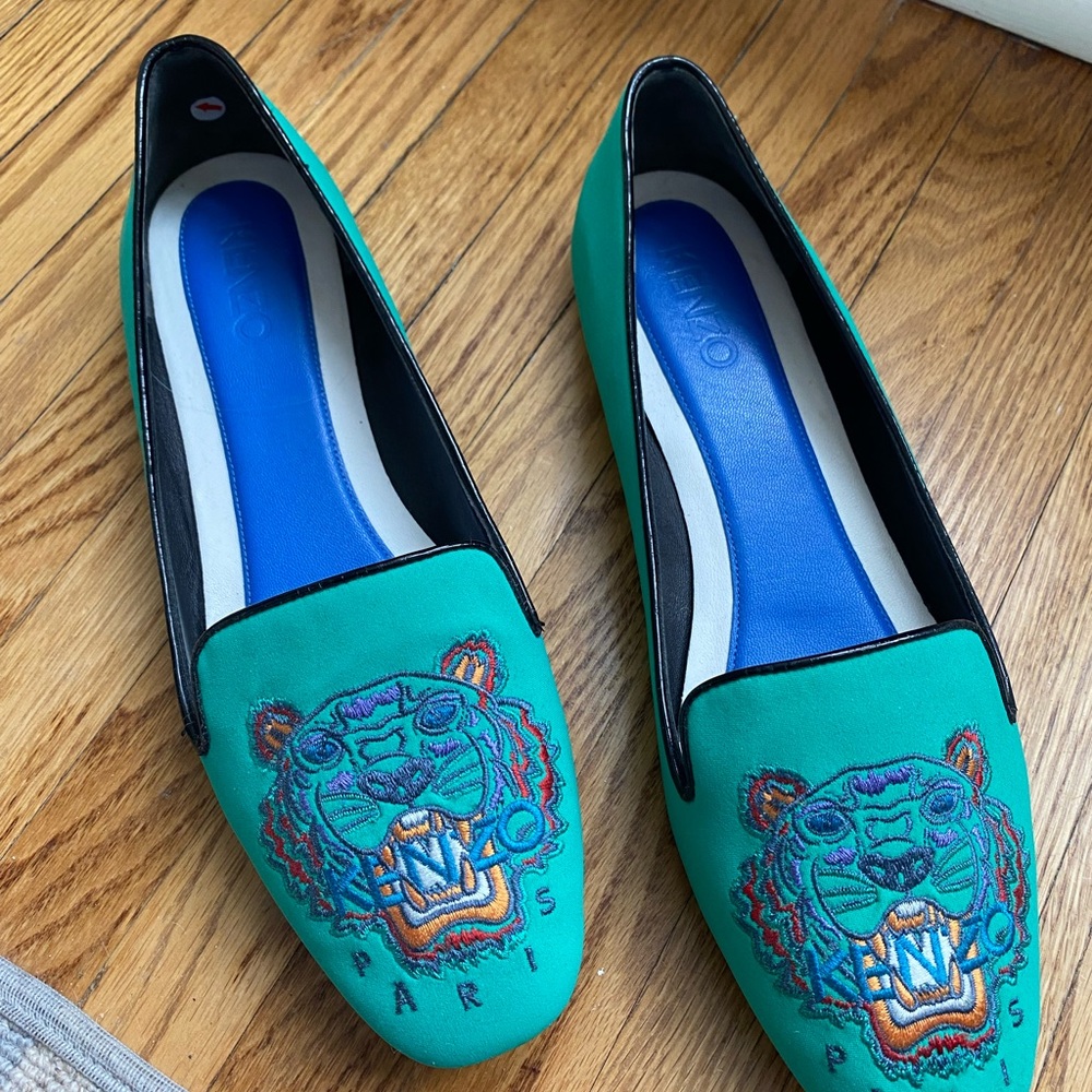 Kenzo Teal Embroidered Tiger Flats
